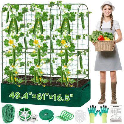 ROADPLUM Cucumber Trellis for Climbing Plants with Grow Bag, 61" Tall Metal U-Frame Garden Trellis for Raised Bed with Garden Netting and Plant Clip Plant Ties for Vegetables, Squash, Pea, Grape