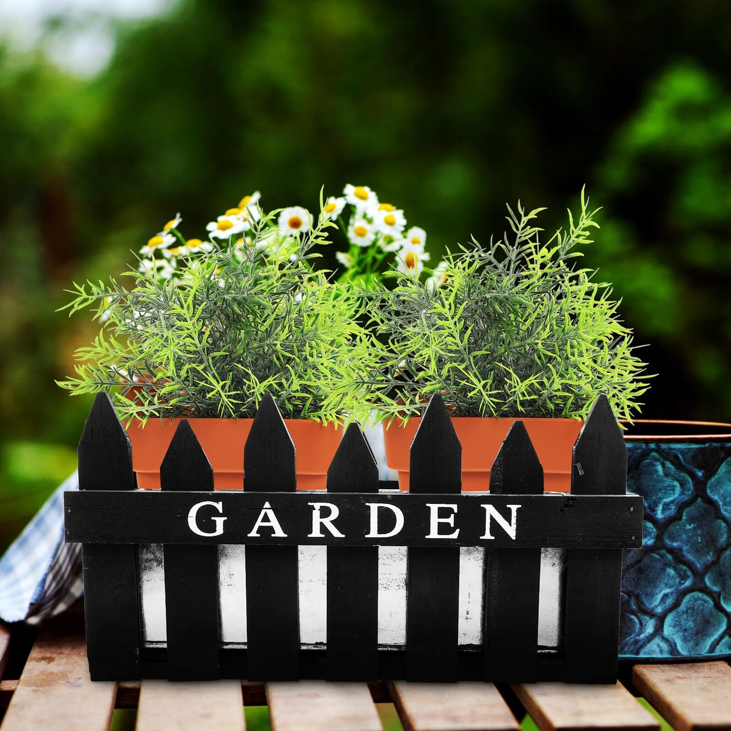 Hemoton Rectangular Wooden Planter Box Flower Arrangement Container Creative Fence Flowerpot for Indoor Outdoor Home Decor Black Patio Garden