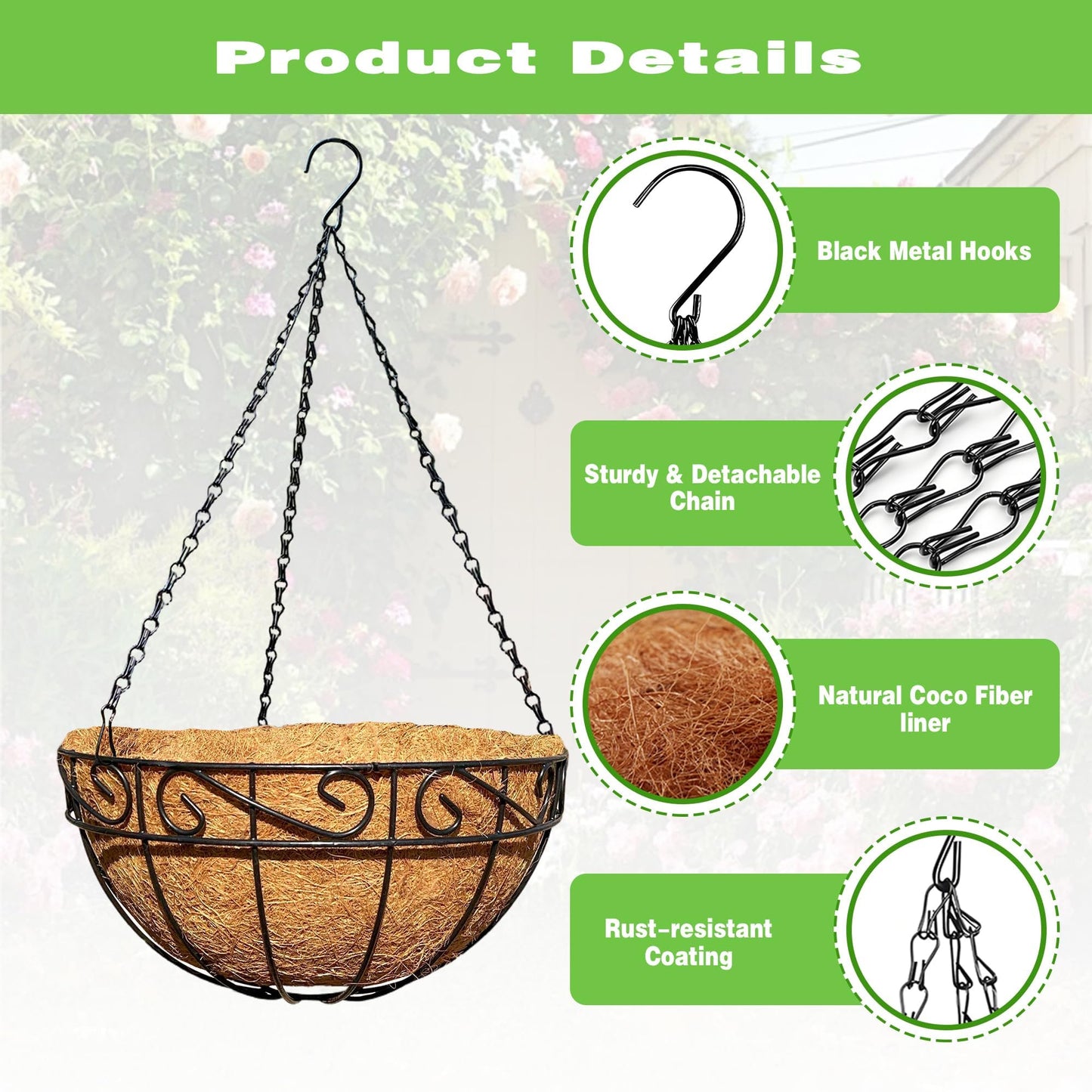 ZVOWOS 2 Pack 12 Inch Black Metal Hanging Basket Hanging Planter with Coco Coir Liner Heavy Duty Hanging Flower Pot Holder for Indoor Outdoor Patio Garden Porch Balcony Decor (Lace)