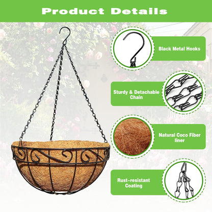 ZVOWOS 2 Pack 12 Inch Black Metal Hanging Basket Hanging Planter with Coco Coir Liner Heavy Duty Hanging Flower Pot Holder for Indoor Outdoor Patio Garden Porch Balcony Decor (Lace)