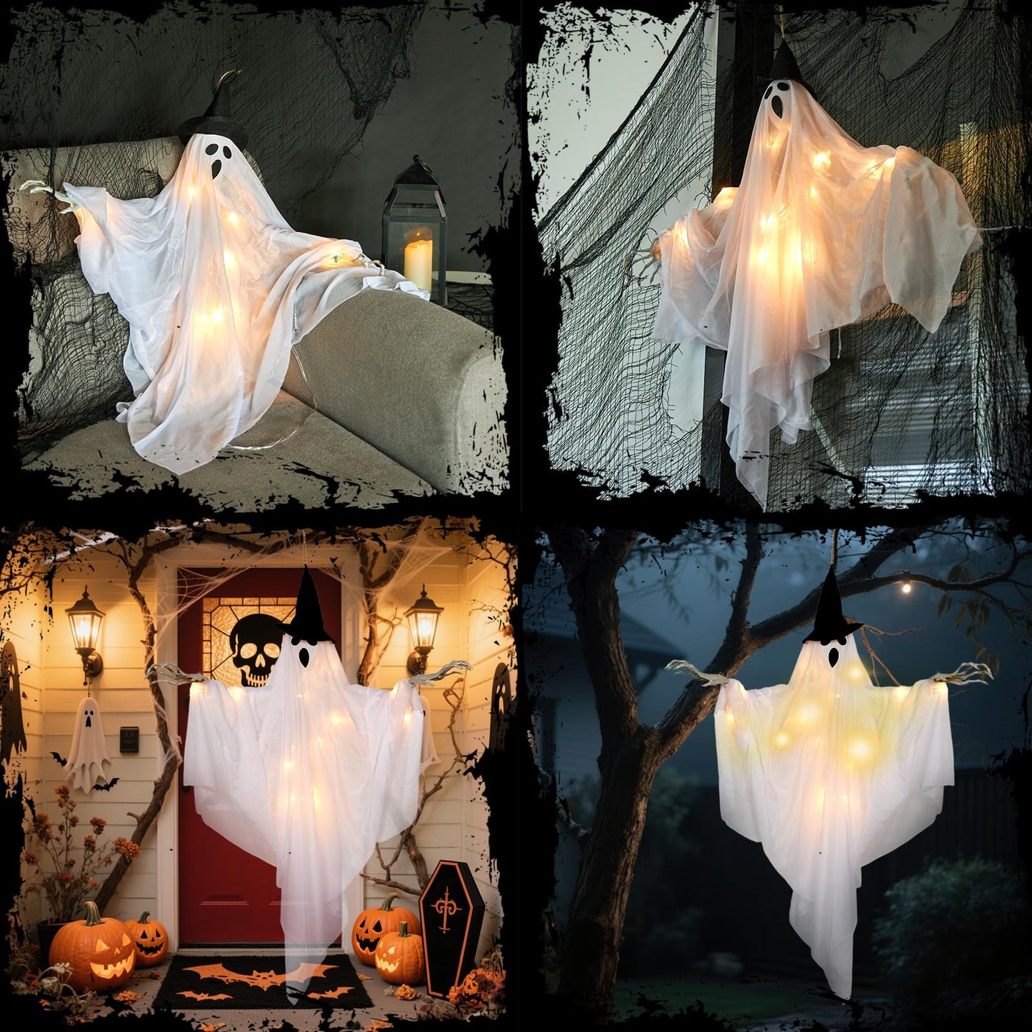 SUNBEAUTY Halloween Decorations Outdoor, Halloweens Party Decoration Indoor, Spooky Ghost with Remote Control String Lights, Halloween-Ghost Lights for Porches Yards Gardens Lawn