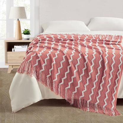 BOURINA Fluffy Chenille Knitted Fringe Throw Blanket Lightweight Soft Cozy for Bed Sofa Chair Throw Blankets, Coral Pink 50" x 60"