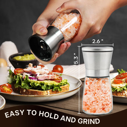 Premium Stainless Steel Salt and Pepper Grinder Set of 4 - Adjustable Ceramic Sea Salt Grinder & Pepper Grinder - Glass Salt and Pepper Shakers - Pepper Mill & Salt Mill W/Funnel