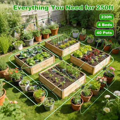 250FT Drip Irrigation System Kit New Quick-Connect, Automatic Garden Watering Misting System for Greenhouse, Yard, Lawn, Plant with 5/16 inch Hose 1/4 inch Distribution Tubing and Accessories