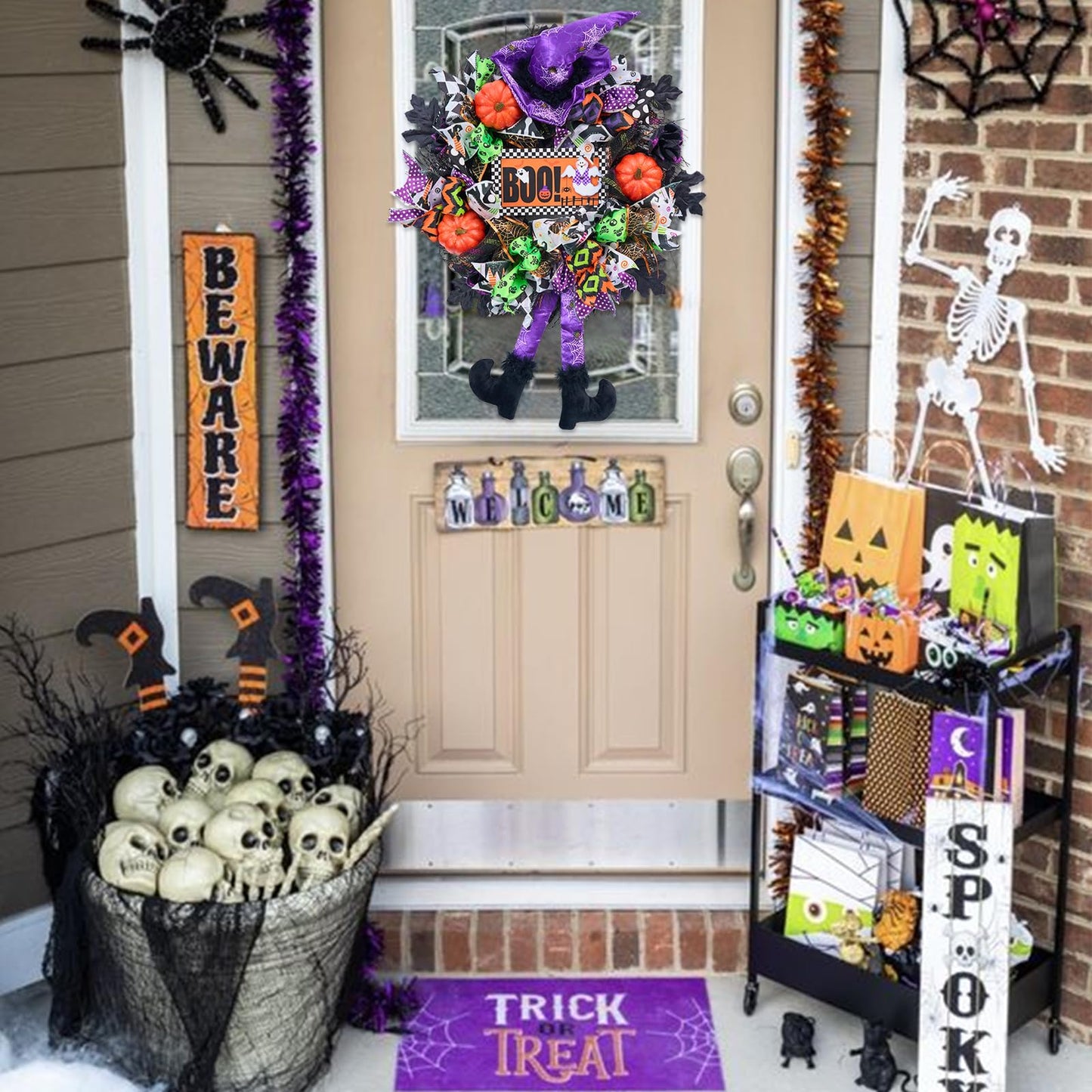 Vofuly Halloween Wreath, 20" Mesh, Orange, Green, Black, Copper, Witch Legs, Pumpkin & Witch, Fun Porch Decor