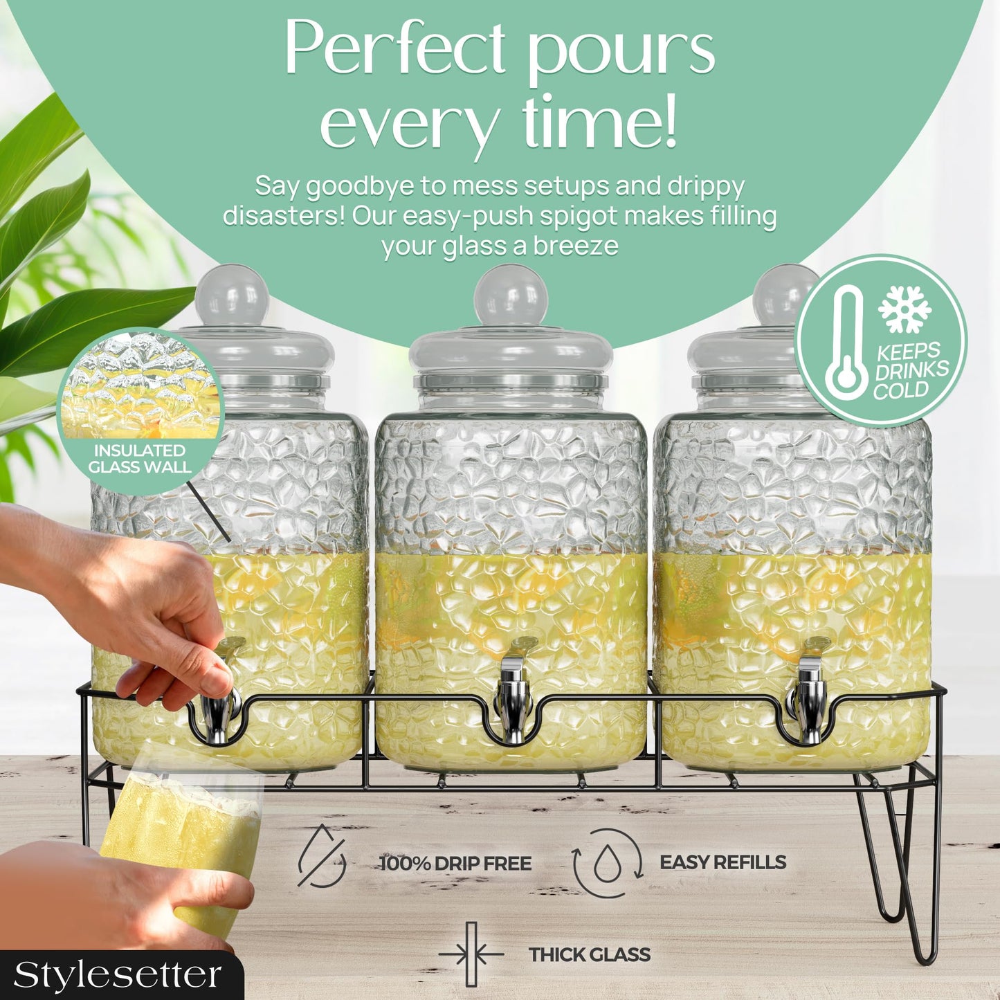 Style Setter Premium Glass Drink Dispensers with Metal Stand for Parties – Beverage Dispenser Set for Cold Drinks, Lemonade, Cocktails, Juice – Party Glass Drink Dispenser Station - 1.5 Gal, Set of 3