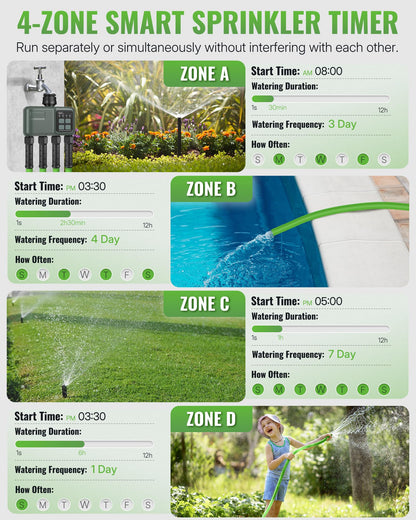 WILAWELS WiFi Water Timer for Garden Hose, Sprinkler Timer 4 Zone, Smart Hose Water with WiFi Irrigation Controller,Voice Control RF433 Automatic Irrigation System/Rain Delay/Manual Watering D34WT06
