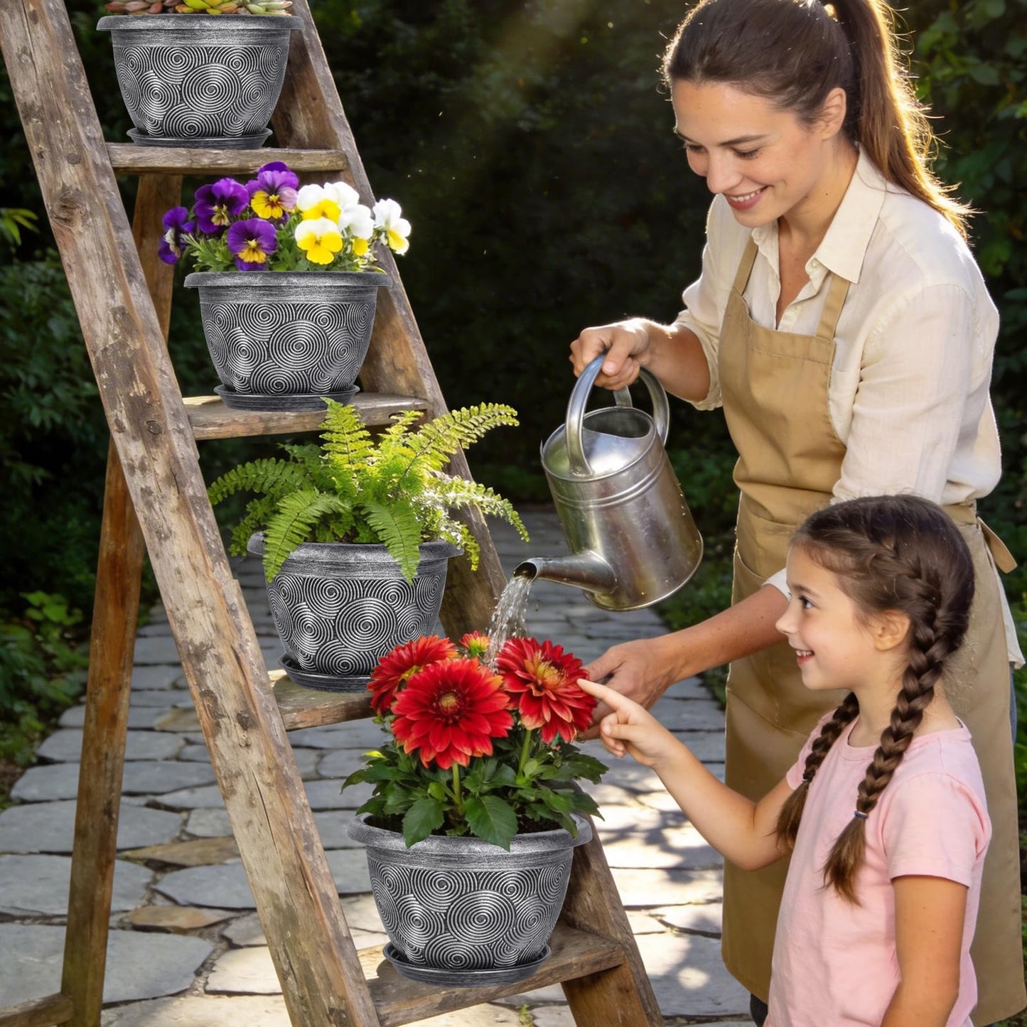 10-Inch -Plastic-Pots -For-Plant With Saucer, 4 Pack Outdoor Planters With Drainage Holes, Decorative Flower Pots For Indoor Plants, Modern 3D Swirl Silver Plant Pots With With Removable Tray