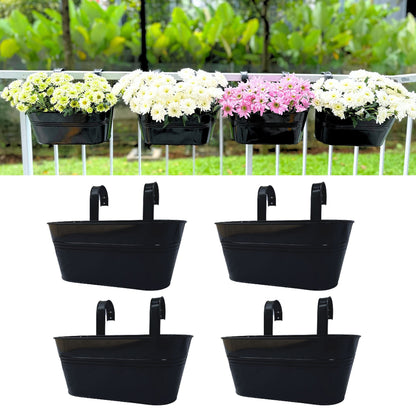 LaLaGreen Outdoor Rail Planter Plants (4 Pack, 11.2 Inch) Black Metal Iron Hanging Flower Pots Deck Railings Fence Buckets Modern Boho Style Wall Mount Window Box Plant Holder with Hooks Porch Decor