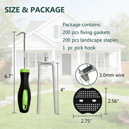 4 Inch 200 PCS Galvanized Landscape Staples with 200 PCS Gasket, Landscape Fabric Pins Stakes Lawn Ground Cover Graden Staples Spikes Weed Barrier Stakes