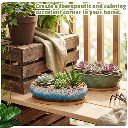 Singhoow Succulent Planter Pot with Drainage Holes Large Ceramic Glazed Planter with Bamboo Wooden Tray and mesh Pads Shallow Bonsai Pot for Indoor Cactus Flower Plant(Lotus-Shaped,Turquoise)