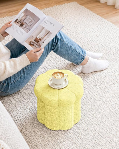 B FSOBEIIALEO Storage Ottoman Foldable, Sunflower Shaped Small Footrest Collapsible Folding Seat Bench for Bedroom Living Room Entryway, Faux Teddy Fur, Yellow 12.6"x12.6"x11.4"