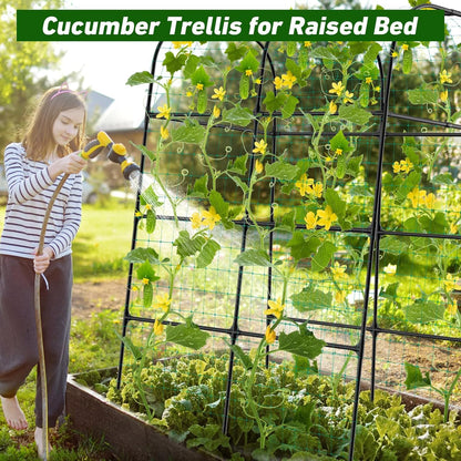 7.3FT Cucumber Trellis for Raised Bed, Garden Arch Trellis with Net, Rustproof Metal Plant Support for Climbing Plants Outdoor, Tomato Zucchini Squash Bean Pea Melon Vine, Rose Flower Garden Arbor
