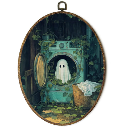 OINDADE Halloween Ghost Oval Wall Art Decor, Laundry Room Cute Ghost Wall Art Hanging Decor, Halloween Fall Season Funny Spooky Washing Machine Framed Canvas Artwork for Laundry Room Home, 8.8x11.5in