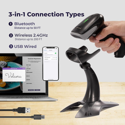 Volcora Wireless Bluetooth Barcode Scanner, QR Code, USB Portable Handheld w/Stand Connect w/Tablet/Phone/PC, 1D & 2D Inventory, Symbol Barcode Scanner for Retail & Warehouse, Black