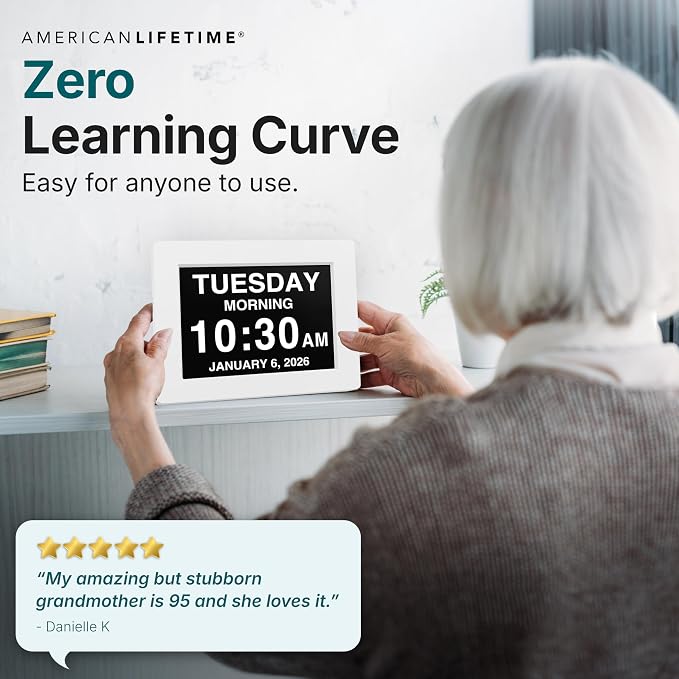 American Lifetime 【New 2025】 Dementia Clock Large Clock for Seniors, Digital Clock with Custom Alarms, Clock with Day & Date for Elderly, Large Number Digital Clock White Extra Large