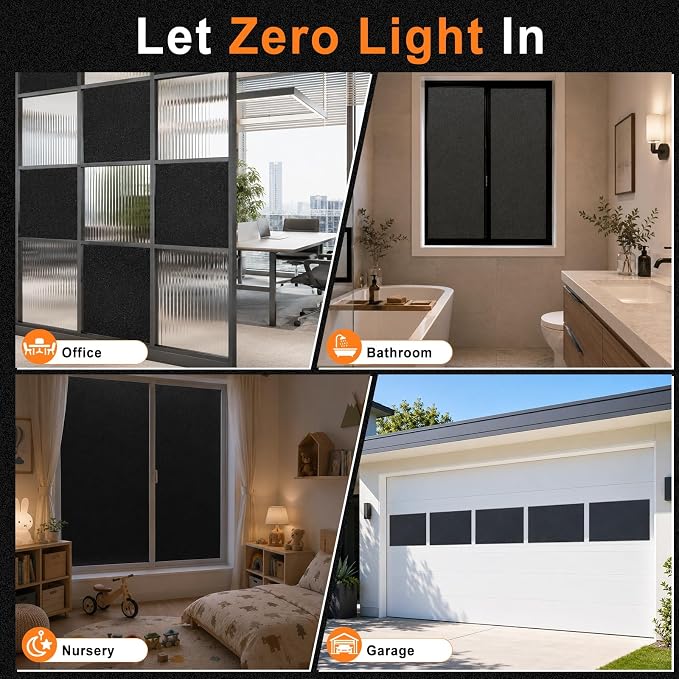 Blackout Window Privacy Film, Removable Window Cover Static Cling, Darkening Light Heat Blocking, Window Tint for Home Garage Bedroom Day Sleep, Black 17.5 Inch * 157.4 Inch