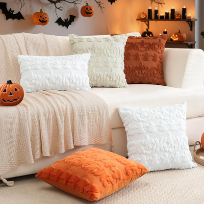 Artscope Halloween Pillow Covers 18 x 18 Set of 2 Decorative Ghost Holiday Pumpkin Throw Pillow Cases Soft Plush Faux Fur Couch Cushion Case for Farmhouse Halloween Sofa Bed Room Home Decor-Orange