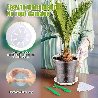 Domensi 14 Pack Large Clear Nursery Pots with Drainage 4/5/6/7/8/9/10 Inch Clear Plastic Plant Pots with Saucers Variety Flower Pot with 20 Plant Labels 2 Garden Tools for Planting Seed