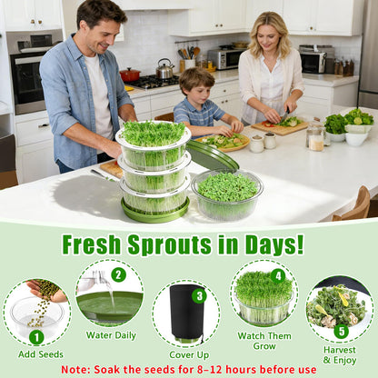 4-Tier Sprouts Growing Kit with Drain Hose & Ventilation Holes, Stackable Microgreens Growing Sprouting Trays Including Blackout Cover, Soil-Free Sprouter for Planting Broccoli Alfalfa Bean Seeds