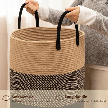 OIAHOMY Large Laundry Basket Hamper - 80L Cotton Rope Woven Basket for Blankets, Toys, Clothes - Tall Decorative Nursery Hamper with Long Handles, Yellow/Black