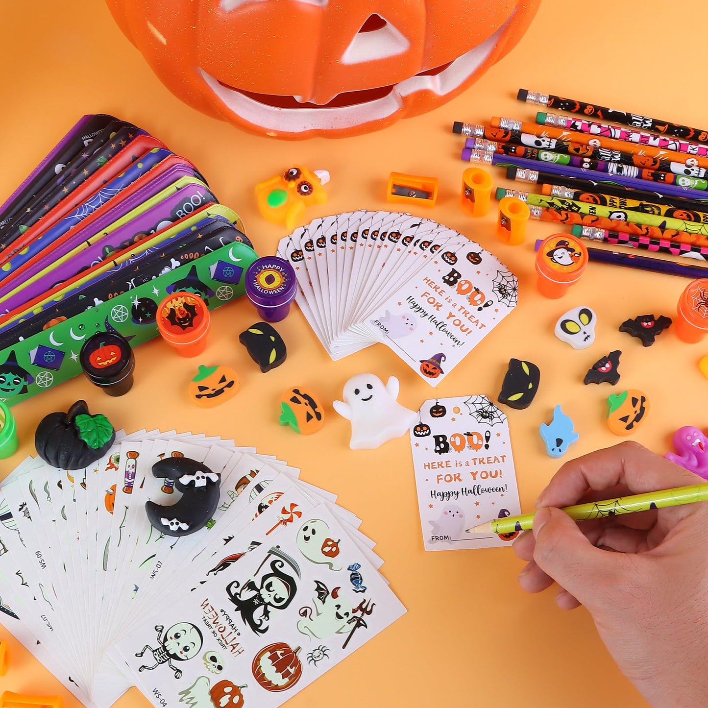 LiYiQ 24Pack Halloween Party Favors, Halloween Classroom Gifts Giant Lollipop Gifts for Birthday Party with Gift Cards, Pencils, Erasers, Stickers, Sharpener for Classroom Exchange Party Gift