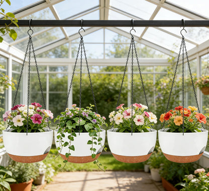 zople Set of 2-8 Inch Self Watering Hanging Planters for Indoor Outdoor，Hanging Plant Pots with Drainage & Removable Tray, Hanging Pots Holder for Ivy, Pothos, Ferns, Balcony & Patio, White Brown