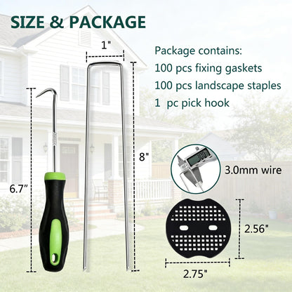 8 Inch 100 PCS Galvanized Landscape Staples with 100 PCS Gasket, Landscape Fabric Pins Stakes Lawn Ground Cover Graden Staples Spikes Weed Barrier Stakes