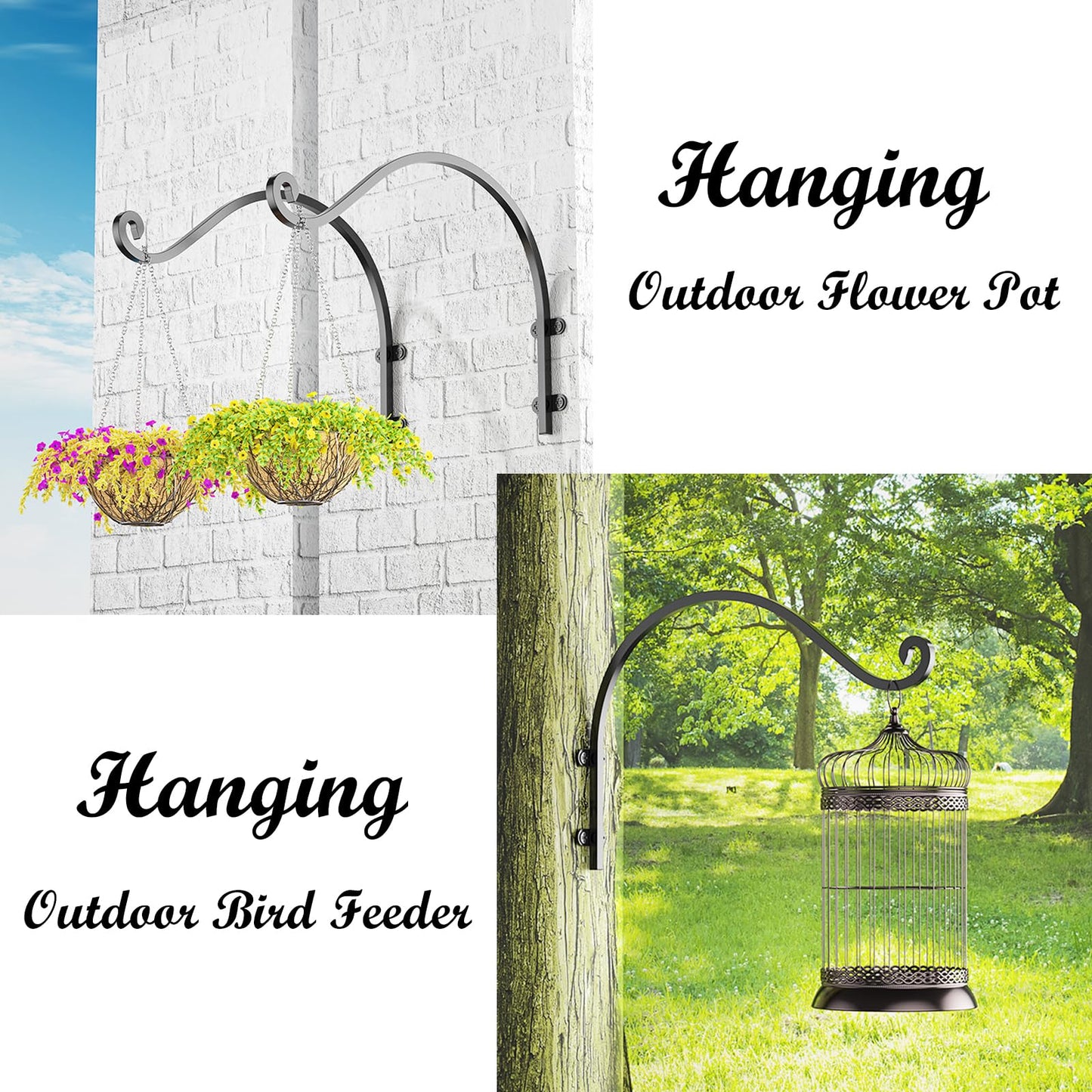 6-Pack Hanging Plant Bracket, 12-Inch Outdoor Hanging Basket Bracket, Black Metal Wall Mount Plant Hooks for Flower Baskets, Bird Feeders and Wind Chimes Indoors and Outdoors - Heavy Duty Plant Hanger