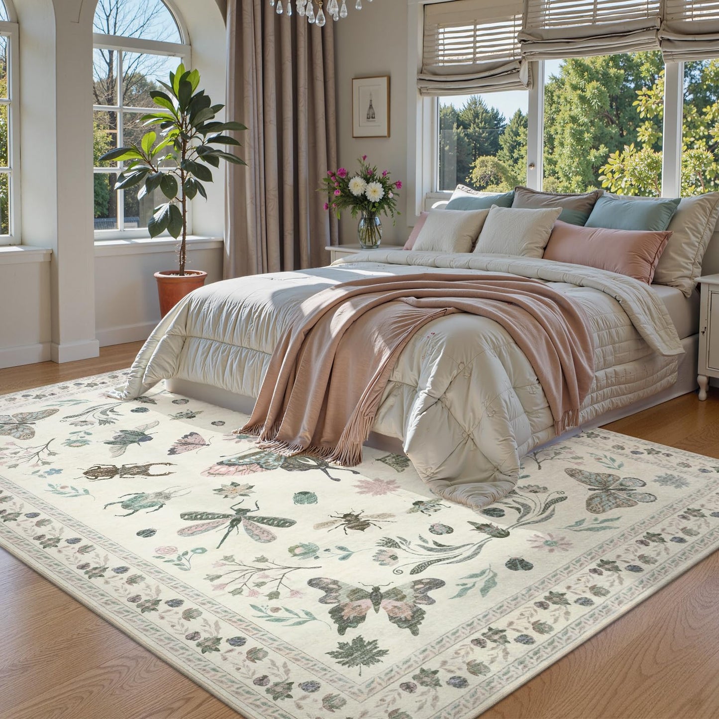 Dadasgk Insect Print Washable Rugs for Living Room, Soft 6x9 Area Rugs for Bedroom, Ultra-Thin Non Slip Nature Area Rug Low Pile Stain Resistant Throw Carpet for Dining Room Office, Beige