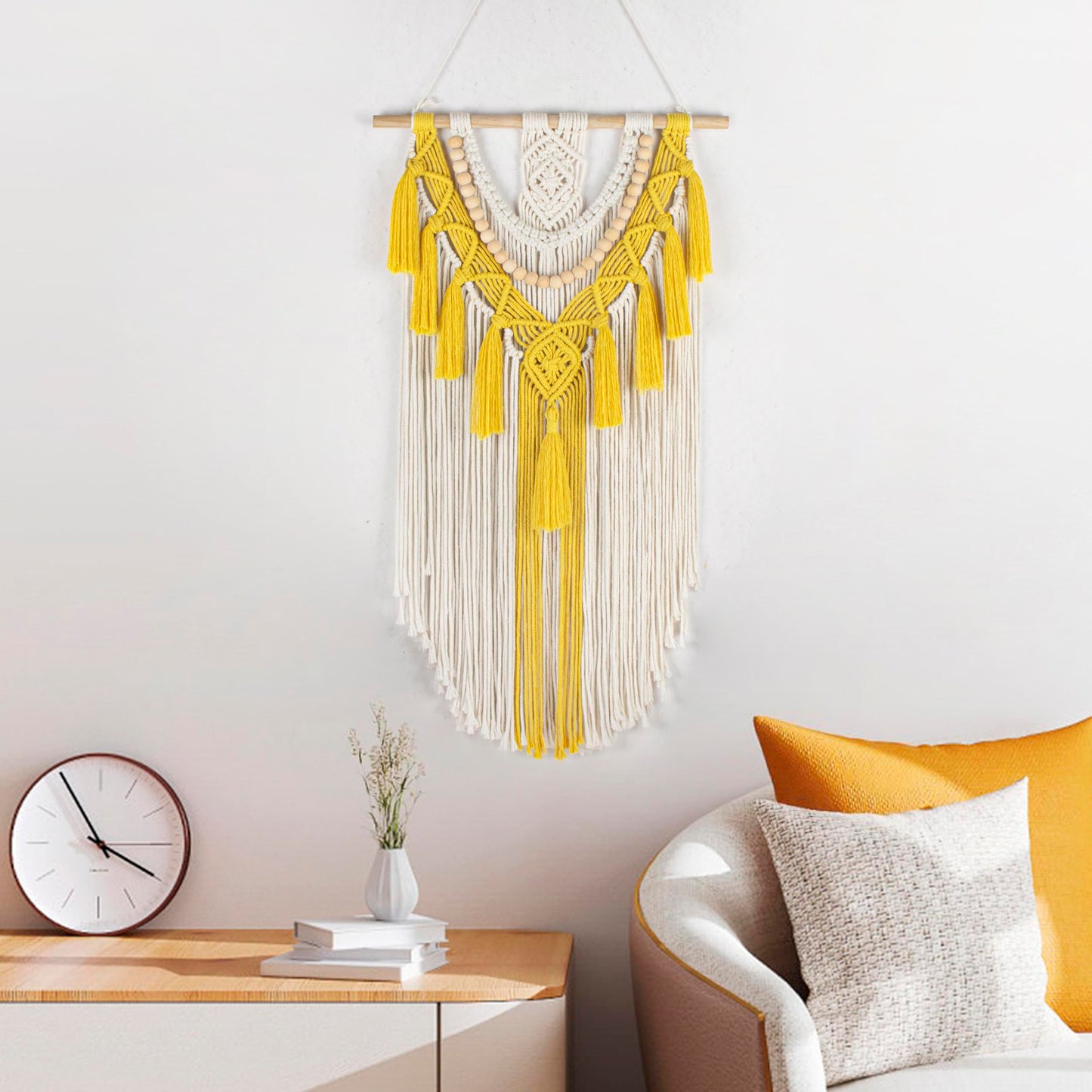 HVEST Yellow Macrame Wall Hanging Boho Wall Decor Handmade Woven Tapestry for Bedroom Living Room Dorm Nursery Bathroom Home Modern Decor Artwork, 29.9L X 15.7W inches