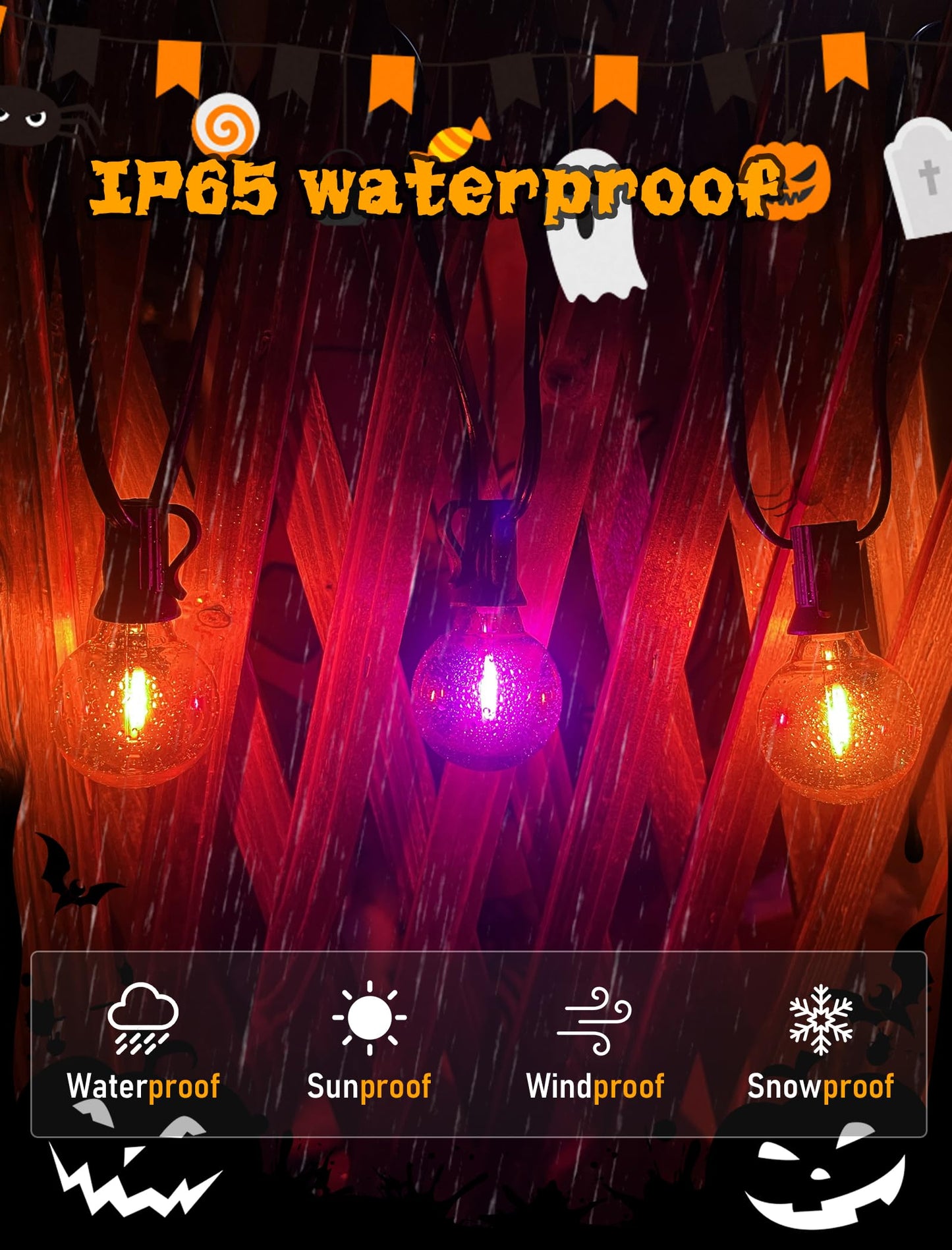 Abeja Halloween G40 LED String Light, Orange Purple Halloween Lights Outdoor with 27 LED Shatterproof Clear Lights Bulbs(2 Spare) for Patio Balcony Backyard Pergola Decor