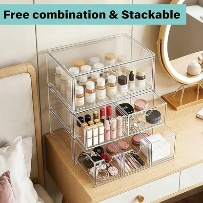Prsildan Acrylic Makeup Organizer, 2 Pack Stackable Clear Storage Drawers for Baby Bottles Desk Organizers with 2 Drawers for Countertop Vanity Nursery Modular System for Cosmetics Jewelry