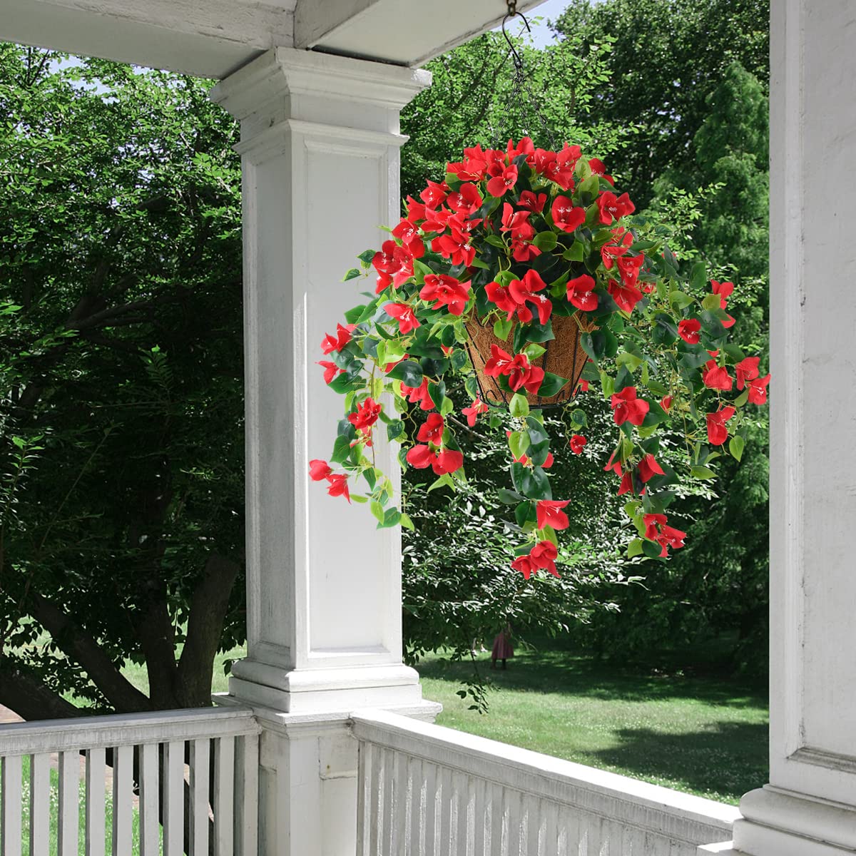 Homsunny Artificial Hanging Flowers Plants Basket for Outdoor Decoration,4 PCS Faux Silk Bougainvillea Vine Flowers Look Real UV Resistant for Outside Porch Patio Yard Garden Decor(Red)