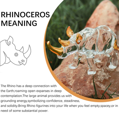 YU FENG 6'' Blown Glass Rhinoceros Animal Figurines Collectibles Crystal Art Rhino Wildlife Paperweight (Clear and Golden)