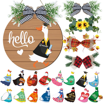 Seasonal Interchangeable Welcome Home Sign,Graduation Porch Goose Welcome Sign Front Door Decor With 4 Seasonal Wreaths and 32 Changeable Icons, Rustic Wood Wall Porch Hanger for Holiday Halloween Christmas Housewarming Gift