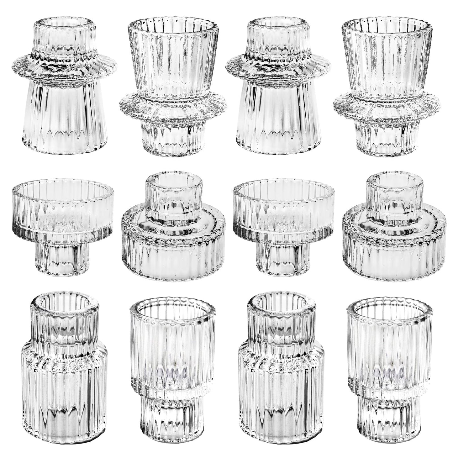 SYFURNIX Clear Candlestick Holders 12PCS Ribbed Glass Taper Candle Holders for Tealight Stick Candles Table Centerpieces Thanksgiving Christmas Indoor and Outdoor Decorations