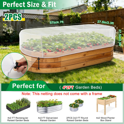 2PCS Garden Netting for Raised Beds, 4.8 X 2.2FT Garden Raised Bed Cover with Drawstring, Plant Netting for Garden Protection, Insect Bird Pest Barrier for Vegetables Fruits Flowers Crops