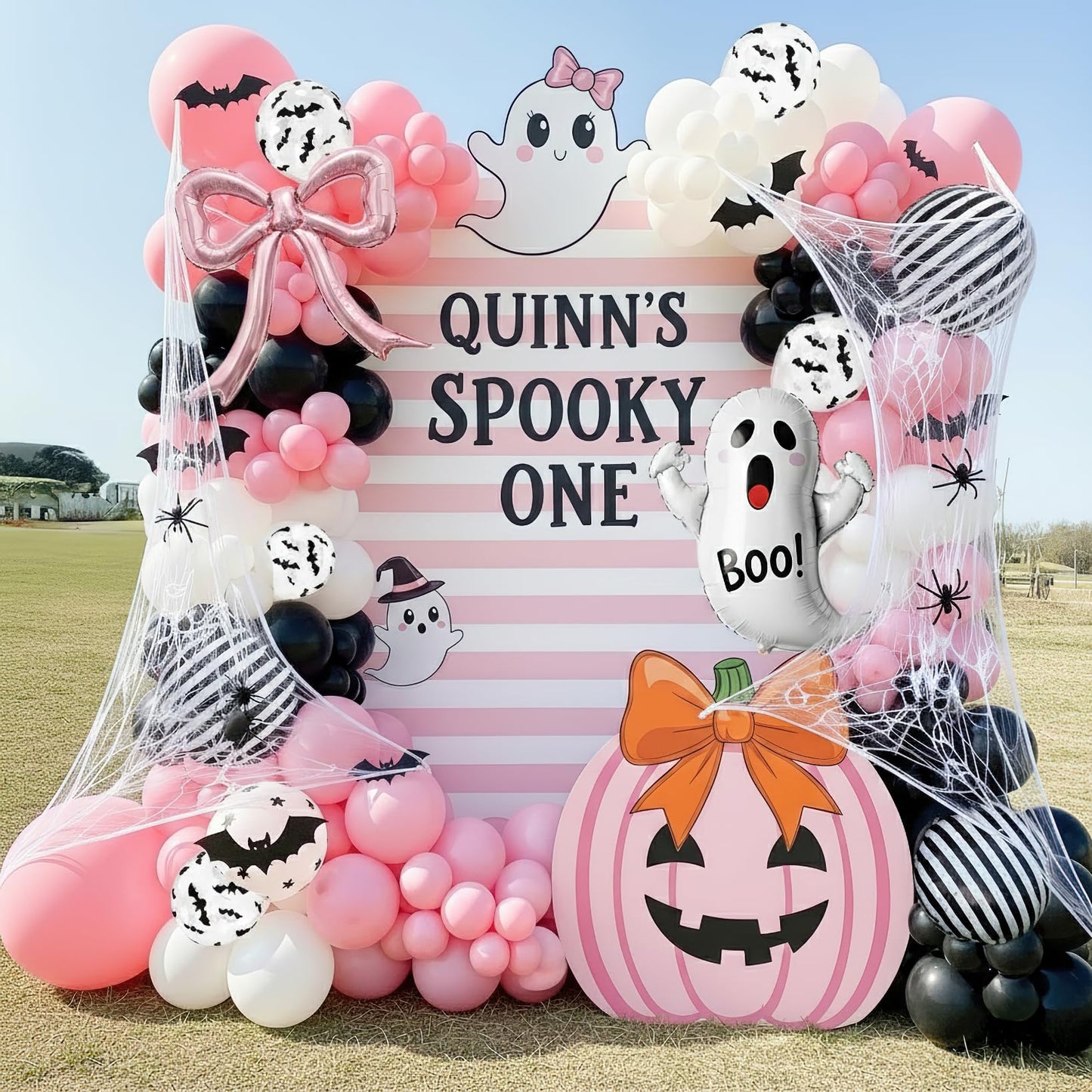 Spooky Halloween Balloon Garland Arch Kit Pink Black Balloons with 3D Bat Ghost Foil Balloons Spider Web for Girls Halloween Birthday Baby Shower BOO Day Party Decorations