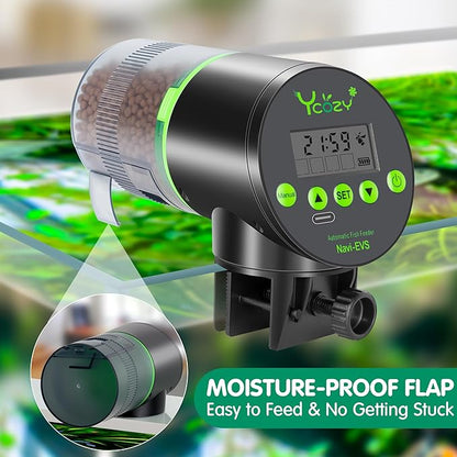 Ycozy Automatic Fish Feeder Rechargeable with USB Cable Moisture-Proof Intelligent Electric Fish/Turtle Feeder for Aquarium & Fish Tank (Plug Powered-EVS)