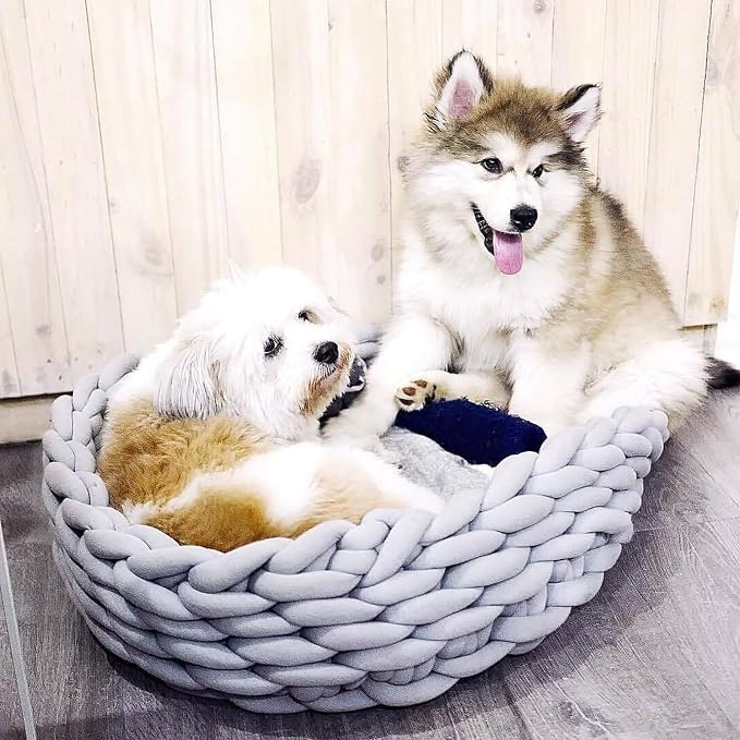 Woven Dog Bed Basket, Knitted Cotton Cat Bed Round Washable Woven Cat Pet Bed Chunky Dog Basket, Orthopedic, Chunky Knit Dog Nest,Dog Bed,Dog Cave,Dog Bedding(Purple,23")