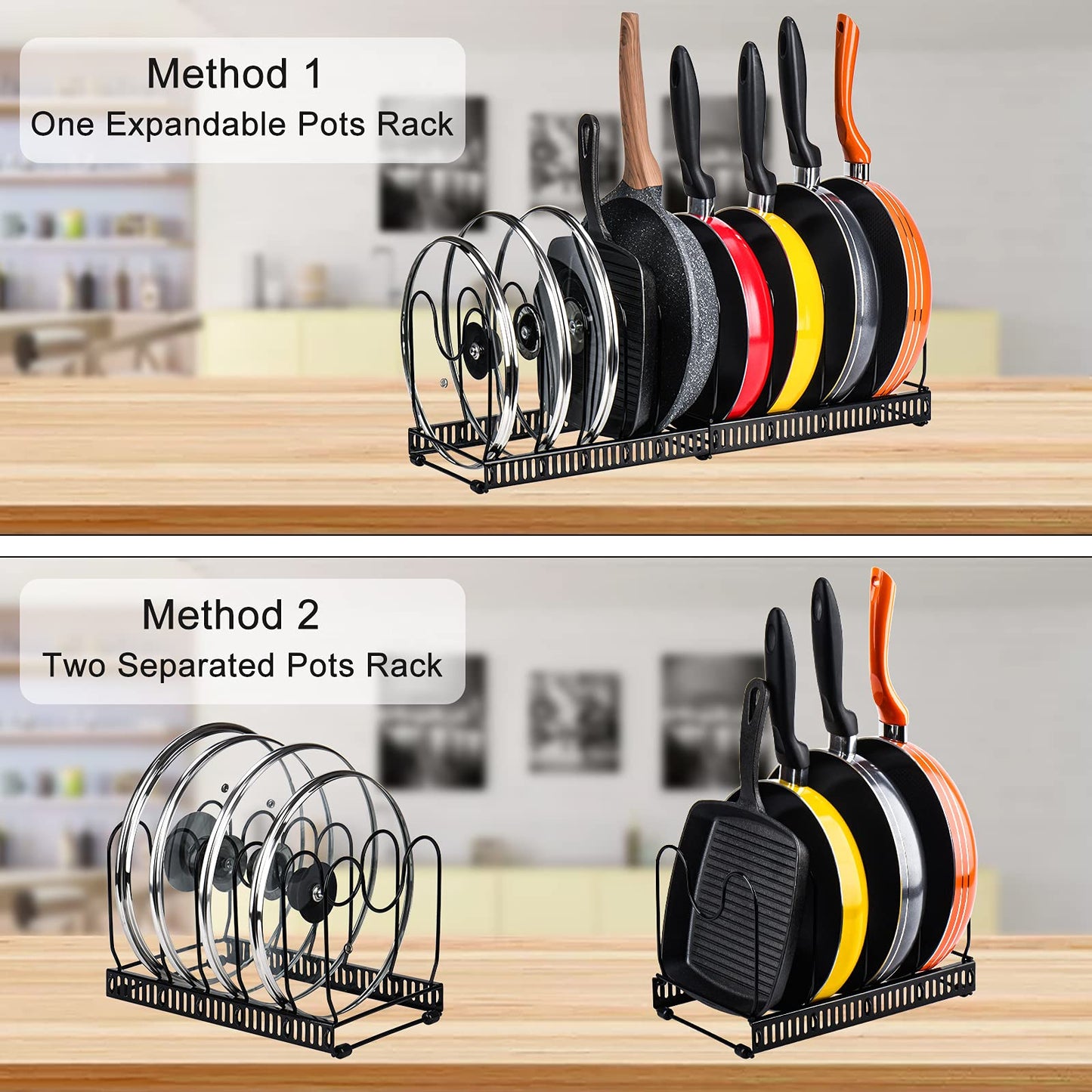 Toplife Pots and Pans Organizer Rack for Cabinet and Countertop, 10+ Pot Lids, Bakeware and Cookware Organizer Rack Holder with 10 Adjustable Compartments - Brown