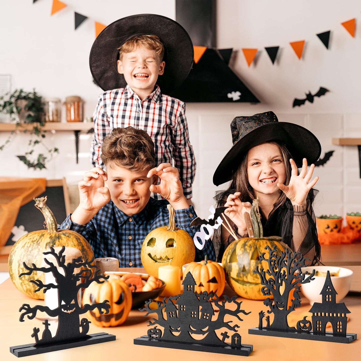 WATINC Halloween Wooden Centerpiece Decoration - 3Pcs Silhouette Haunted House Tree Wood Tabletop Decor, Black Sketch Horror Pumpkin Boo Detachable Tiered Tray Sign Table Topper for Home Kitchen Party