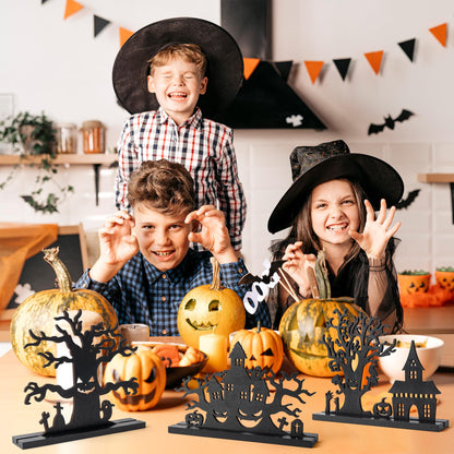 WATINC Halloween Wooden Centerpiece Decoration - 3Pcs Silhouette Haunted House Tree Wood Tabletop Decor, Black Sketch Horror Pumpkin Boo Detachable Tiered Tray Sign Table Topper for Home Kitchen Party