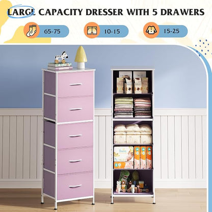 WLIVE Fabric Dresser for Bedroom, 5-Drawer Tall Dressers, Storage Organizer with Fabric Bins, Wood Top, Sturdy Steel Frame, Chest of Drawers for Closet, Hallway, Cloudy Pink
