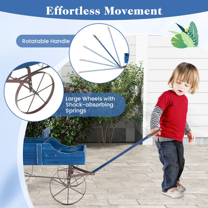 Goplus Wagon Planter, Decorative Wooden Garden Planter with Wheels, 2 Planting Sections and Adjustable Handle, Indoor Outdoor Backyard Balcony Decor (Blue)