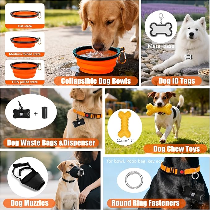 No Pull Dog Harness Adjustable Collar & Leash Set - Dog Halter Harnesses Collapsible Bowls & Poop Bag Dispenser Muzzle ID Tags Toys Fits Small Medium Large Dogs (Orange-L)