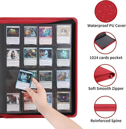 Snekdy premium 1024-pocket trading card binder, Card Albums 16 pockets, waterproof PU-leather Cover album with side loading, holds gaming, baseball (Red)