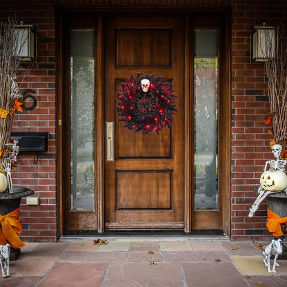 22" Halloween Wreath with Lights, Black Twig Wreath with Scary Skull and Spider, Artificial Halloween Party Decorations for Front Door Indoor Outdoor Wall Window Porch