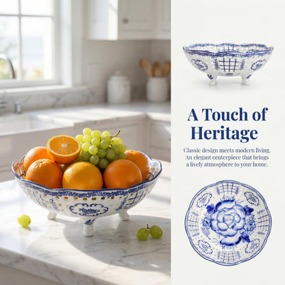YIMITEE 10 Inch Ceramic Fruit Bowl, Blue and White Porcelain Pedestal Fruit Basket, Chinoiserie Decorative Vegetable Holder with Drainage Hole for Kitchen Counter Veggies, Candy, Cookie, Cake